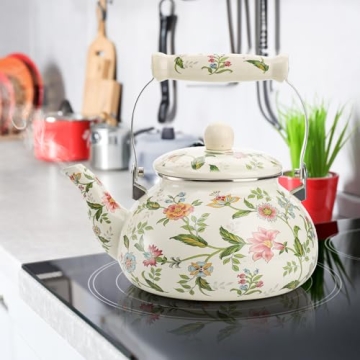Vintage Green Floral Enamel Tea Kettle 2.6 Quart