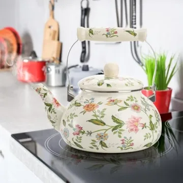 Vintage Green Floral Enamel Tea Kettle 2.6 Quart