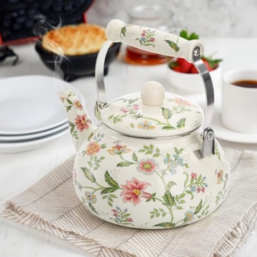 Vintage Green Floral Enamel Tea Kettle 2.6 Quart