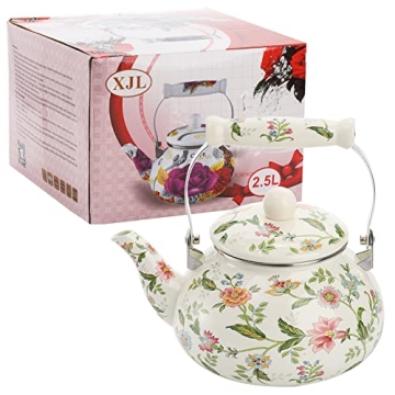 Vintage Green Floral Enamel Tea Kettle 2.6 Quart