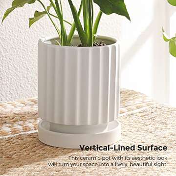 SONGMICS Ceramic Planter, White Flower Plant Pot Indoors, 6.1-Inch Round Modern Ceramic Plant Pot with Drainage Hole and Saucer, Indoor Decor ULCF031W01