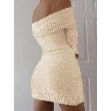 FAIRY SEASON Women's 2025 Off The Shoulder Sweater Mini Dress Long Sleeve Ribbed Bodycon Pullover Cute Short Dresses Beige