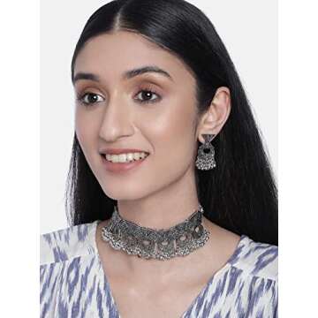 I Jewels Antique Silver Oxidized Ethnic Indian Traditional Bollywood Afghani Choker Necklace Jewellery Set for Women (MC065)
