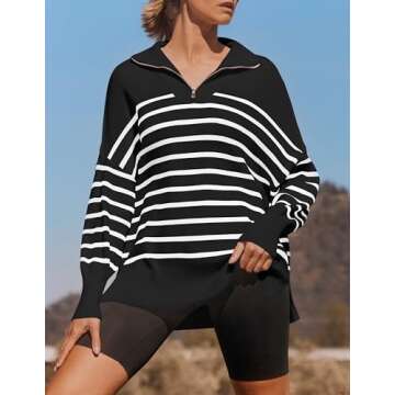 ZESICA Women's Striped Sweaters Half Zipper Long Sleeve Ribbed Knit Loose Oversized Pullover Sweater Tops,Black,Small