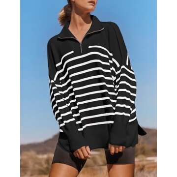 ZESICA Women's Striped Sweaters Half Zipper Long Sleeve Ribbed Knit Loose Oversized Pullover Sweater Tops,Black,Small
