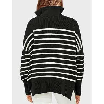 ZESICA Women's Striped Sweaters Half Zipper Long Sleeve Ribbed Knit Loose Oversized Pullover Sweater Tops,Black,Small