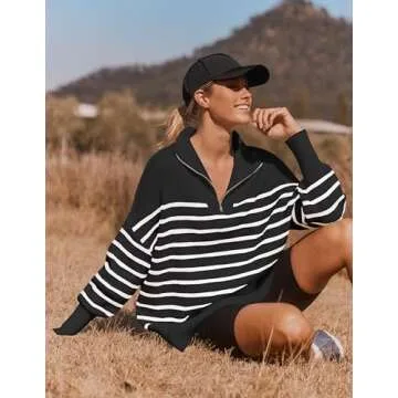 ZESICA Women's Striped Sweaters Half Zipper Long Sleeve Ribbed Knit Loose Oversized Pullover Sweater Tops,Black,Small
