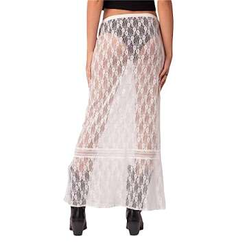 Women Y2k Lace Maxi Skirt Summer Sexy See Through Long Lace Skirt Casual Boho Fairy Grunge Midi Lace Skirt (White-Low Waist, M)