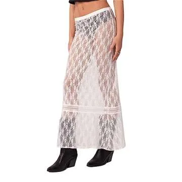 Women Y2k Lace Maxi Skirt Summer Sexy See Through Long Lace Skirt Casual Boho Fairy Grunge Midi Lace Skirt (White-Low Waist, M)