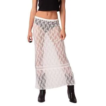 Women Y2k Lace Maxi Skirt Summer Sexy See Through Long Lace Skirt Casual Boho Fairy Grunge Midi Lace Skirt (White-Low Waist, M)