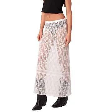Women Y2k Lace Maxi Skirt Summer Sexy See Through Long Lace Skirt Casual Boho Fairy Grunge Midi Lace Skirt (White-Low Waist, M)