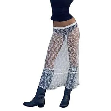 Women Y2k Lace Maxi Skirt Summer Sexy See Through Long Lace Skirt Casual Boho Fairy Grunge Midi Lace Skirt (White-Low Waist, M)