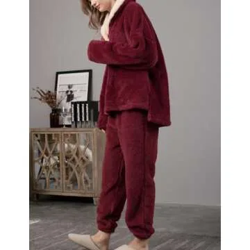 Fenclushy Women's Fluffy Loungewear Sleepwear Lounge Casual Pajamas Sets Loose Long Sleeve Fleece Pullover and Pants Set(01Red,M)