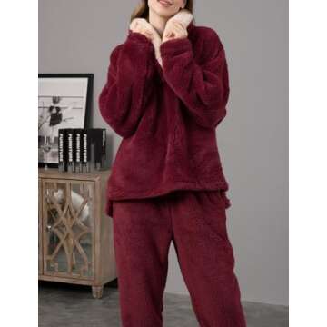 Fenclushy Women's Fluffy Loungewear Sleepwear Lounge Casual Pajamas Sets Loose Long Sleeve Fleece Pullover and Pants Set(01Red,M)