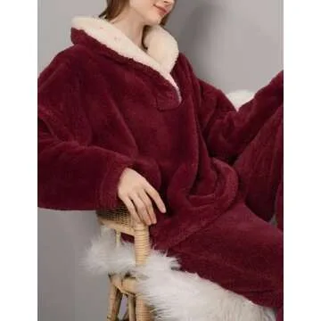 Fenclushy Women's Fluffy Loungewear Sleepwear Lounge Casual Pajamas Sets Loose Long Sleeve Fleece Pullover and Pants Set(01Red,M)