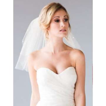 CASDRE Short Wedding Veil 2 Tiers Pearl Bridal Veil Bachelorette Party Shoulder Length Hair Accessories with Comb and Cut Edge for Brides (B Ivory)