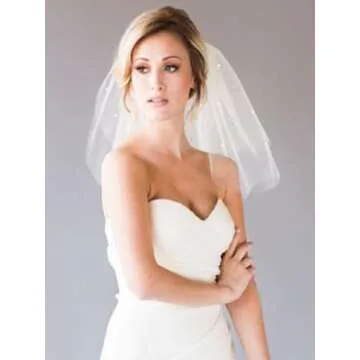 CASDRE Short Wedding Veil 2 Tiers Pearl Bridal Veil Bachelorette Party Shoulder Length Hair Accessories with Comb and Cut Edge for Brides (B Ivory)