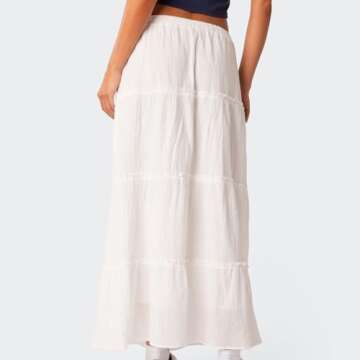 Faretumiya Women Boho Maxi Skirt High Elastic Waist Flowy Pleated Long Skirt Swing Tiered A Line Skirt Bohemian Casual Skirt(B-White,Medium)