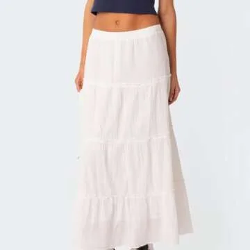 Faretumiya Women Boho Maxi Skirt High Elastic Waist Flowy Pleated Long Skirt Swing Tiered A Line Skirt Bohemian Casual Skirt(B-White,Medium)