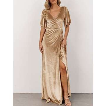 MEROKEETY Women's Short Sleeve Vintage Velvet Long Dress Sexy Boho Wedding Guest Evening Maxi Dresse...