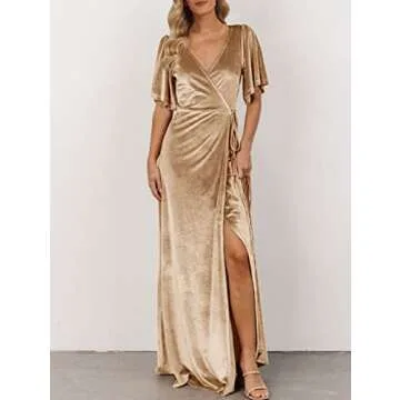 MEROKEETY Women's Short Sleeve Vintage Velvet Long Dress Sexy Boho Wedding Guest Evening Maxi Dresse...