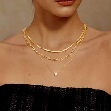 MBW Layered Herringbone Necklace for Women, Dainty 14K Gold Plated Snake Choker Necklaces Gold Herri...
