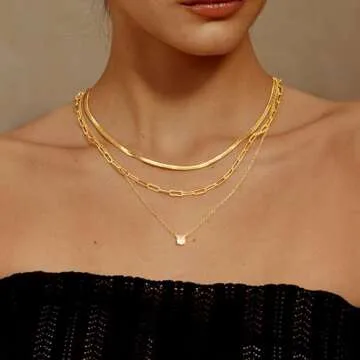 MBW Layered Herringbone Necklace for Women, Dainty 14K Gold Plated Snake Choker Necklaces Gold Herri...
