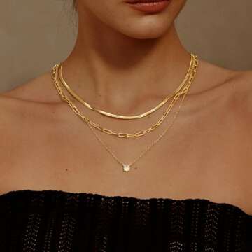 MBW Layered Herringbone Necklace for Women, Dainty 14K Gold Plated Snake Choker Necklaces Gold Herringbone Paperclip Chain CZ Pendant Simple Cubic Zirconia Necklace Jewelry Set for Women