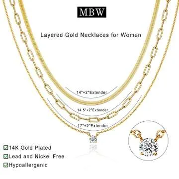 MBW Layered Herringbone Necklace for Women, Dainty 14K Gold Plated Snake Choker Necklaces Gold Herringbone Paperclip Chain CZ Pendant Simple Cubic Zirconia Necklace Jewelry Set for Women