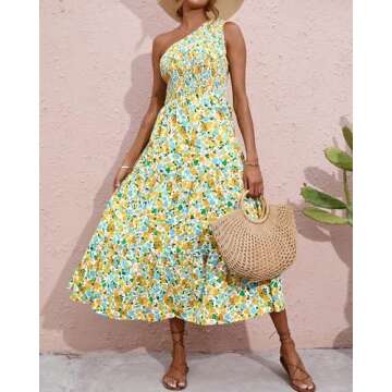 BTFBM 2025 Summer One Shoulder Dresses for Women Casual Sleeveless High Waist Floral Flowy Smocked Boho Beach Maxi Dress(Floral White Yellow, Small)
