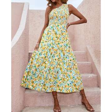 BTFBM 2025 Summer One Shoulder Dresses for Women Casual Sleeveless High Waist Floral Flowy Smocked Boho Beach Maxi Dress(Floral White Yellow, Small)