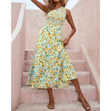 BTFBM 2025 Summer One Shoulder Dresses for Women Casual Sleeveless High Waist Floral Flowy Smocked Boho Beach Maxi Dress(Floral White Yellow, Small)
