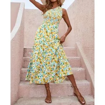 BTFBM 2025 Summer One Shoulder Dresses for Women Casual Sleeveless High Waist Floral Flowy Smocked Boho Beach Maxi Dress(Floral White Yellow, Small)
