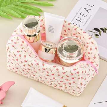 Floral Makeup Bag,Floral Quilted Makeup Bag,Large Cosmetic Bag,Fashionable Travel Makeup Pouch, Cute...