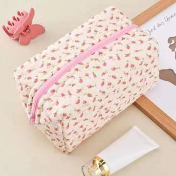 Floral Makeup Bag,Floral Quilted Makeup Bag,Large Cosmetic Bag,Fashionable Travel Makeup Pouch, Cute Pink Makeup Bag,Puffy Coquette Makeup Bag, Attractive Quilted Makeup Bag