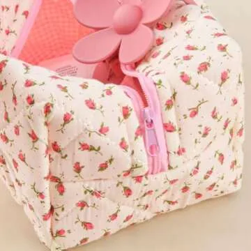 Floral Makeup Bag,Floral Quilted Makeup Bag,Large Cosmetic Bag,Fashionable Travel Makeup Pouch, Cute Pink Makeup Bag,Puffy Coquette Makeup Bag, Attractive Quilted Makeup Bag