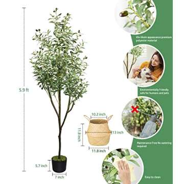 LOVMOR Artificial Olive Tree 6ft with Woven Seagrass Plant Basket and Realistic Moss,Faux Olive Tree...