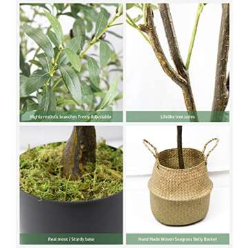 LOVMOR Artificial Olive Tree 6ft with Woven Seagrass Plant Basket and Realistic Moss,Faux Olive Tree for Modern Home Office Living Room Floor Decor Indoor