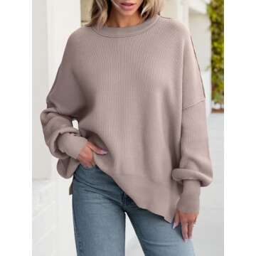 ANRABESS Women Crewneck Batwing Long Sleeve 2024 Fall Oversized Side Slit Ribbed Knit Pullover Sweat...