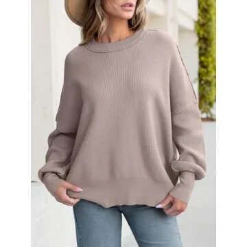 ANRABESS Women Crewneck Batwing Long Sleeve 2024 Fall Oversized Side Slit Ribbed Knit Pullover Sweaters Top Cozy Outfits Pink Apricot Small