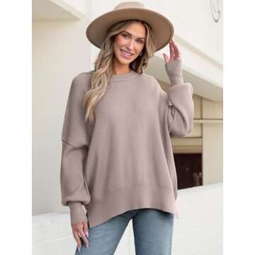 ANRABESS Women Crewneck Batwing Long Sleeve 2024 Fall Oversized Side Slit Ribbed Knit Pullover Sweaters Top Cozy Outfits Pink Apricot Small