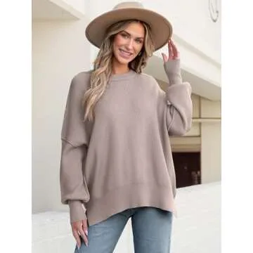 ANRABESS Women Crewneck Batwing Long Sleeve 2024 Fall Oversized Side Slit Ribbed Knit Pullover Sweaters Top Cozy Outfits Pink Apricot Small