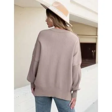 ANRABESS Women Crewneck Batwing Long Sleeve 2024 Fall Oversized Side Slit Ribbed Knit Pullover Sweaters Top Cozy Outfits Pink Apricot Small