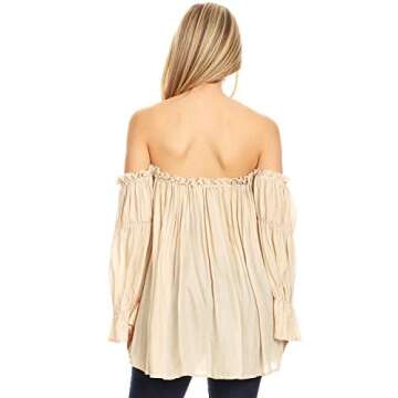Anna-Kaci Womens Semi Sheer Boho Peasant Long Sleeve Off The Shoulder Top, Beige, Small