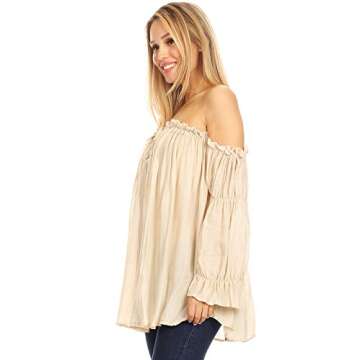 Anna-Kaci Womens Semi Sheer Boho Peasant Long Sleeve Off The Shoulder Top, Beige, Small