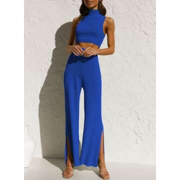 ARTFREE Womens 2 Piece Outfits Sets Casual Sweatsuits Streetwear, Ribbed Knit Palazzo Wide Leg Pants and Cropped Tops Camel XL