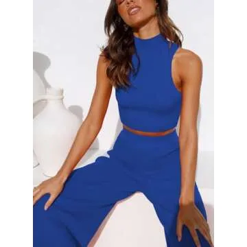 ARTFREE Womens 2 Piece Outfits Sets Casual Sweatsuits Streetwear, Ribbed Knit Palazzo Wide Leg Pants and Cropped Tops Camel XL