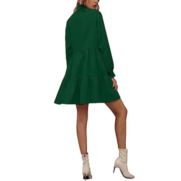 Rooscier Women's V Neck Lantern Long Sleeve Ruffle Babydoll Swing Mini Dress Dark Green Medium