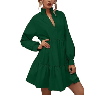 Rooscier Women's V Neck Lantern Long Sleeve Ruffle Babydoll Swing Mini Dress Dark Green Medium