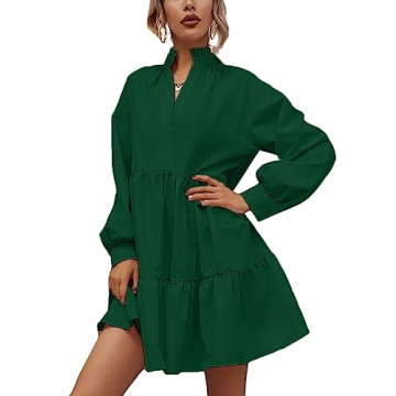 Rooscier Women's V Neck Lantern Long Sleeve Ruffle Babydoll Swing Mini Dress Dark Green Medium